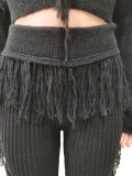 Women's Solid Knitting Tassel Cropped SweaterTwo Piece Pants Set
