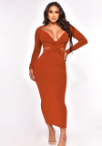 Ribbed Deep V-Neck Sexy Hollow Out Bodycon Long Dress