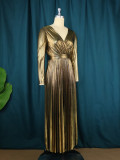 Shiny Metallic V-Neck Wrap Pleated Long Dress