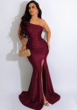 Sexy Elegant Off Shoulder Slit Ruched Maxi Evening Dress