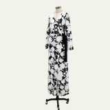 Female V Neck Long Sleeve Printed Slim Holidays Maxi Dress