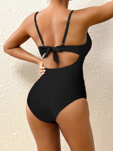 Women Black Cutout Sexy Lace Up Bikini One Piece Swimsuit