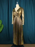 Shiny Metallic V-Neck Wrap Pleated Long Dress