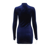 Navy Blue Velvet Long Sleeve Bodycon Slit Chic Mini Dress