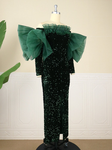 Green Mesh Patchwork Ruffles Long Sleeves Off Shoulder Sequins Party Dresses