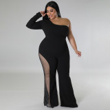 Plus Size Women's Sexy One Shoulder Single Sleeve Rhinestone Patchwork Jumpsuit