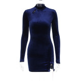 Navy Blue Velvet Long Sleeve Bodycon Slit Chic Mini Dress