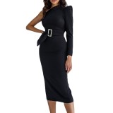 Chic Career Salsh Shoulder Dress Solid Slit Elegant Belted Midi Dress