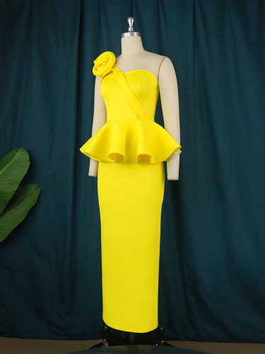 Yellow One Shoulder Back Slit Elegant Long Peplum Dress