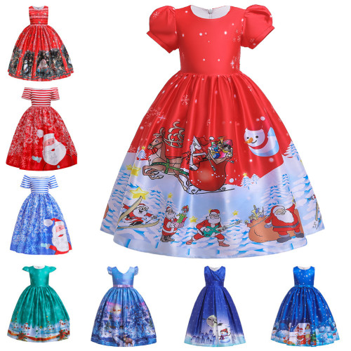 Christmas Party Long Dress Girls Cartoon Print Long Dress