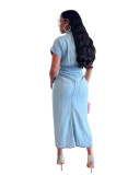 Stretchy Pleated Tie Waist Button Short Sleeve Denim Dress