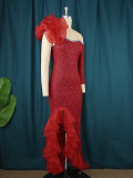 Red Mesh Patchwork Slash Shoulder Single Sleeve Ruffles Maxi Party Dress