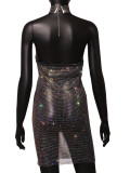 Sexy Shiny Rhinestone Fishnet Halter Nightclub Dress