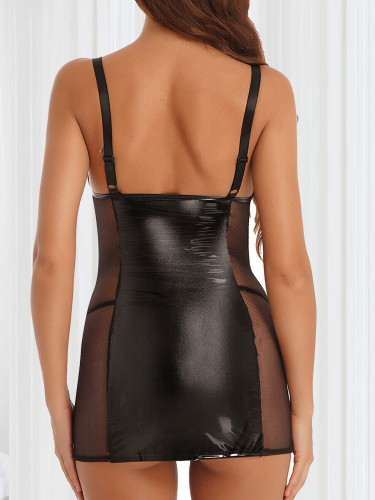 Sexy Lingerie Black Mesh PU Leather Patchwork Bodycon Night Dress