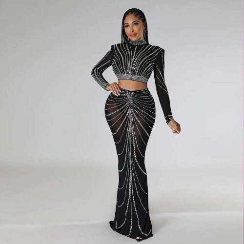 Women Sexy Mesh Rhinestone Two Piece Set Long Sleeve Crop Top + Skirt