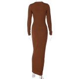 Solid O-Neck Long Sleeve Ribbed Bodycon Chic Maxi Dress