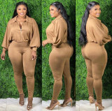 Plus Size Solid Puff Sleeve Zip Up Fashion Jumpsuit