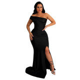 Sexy Elegant Off Shoulder Slit Ruched Maxi Evening Dress