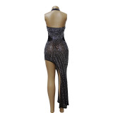 Rhinestone Mesh Halter Plunge Neck Irregular Slit Evening Dress