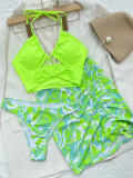 Neon Green Print Contrast Lace Up Three Piece Swimwear