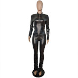 Women's PU leather zipper tight sexy Stack jumpsuit