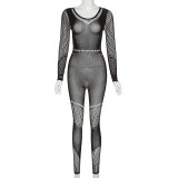 Sexy See-Through Hollow Out Mesh High Waist Tight Fitting Jumpsuit