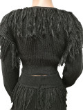 Women's Solid Knitting Tassel Cropped SweaterTwo Piece Pants Set
