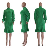 Women Solid High Neck Ruffle Sweater Dress