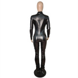 Women's PU leather zipper tight sexy Stack jumpsuit