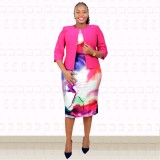 Plus Size African Women Print Dress + Blazer Two Piece Set