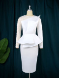 Elegant Mesh Patchwork Beaded High Waist Slim Fit Formal Dress