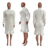 Women Solid High Neck Ruffle Sweater Dress