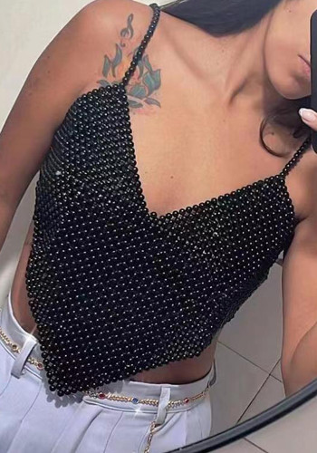 Sexy Pearl Halter V-Neck Nightclub Crop Top