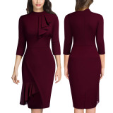 Sexy 3/4 Sleeve Solid Ruffles Office Ladies Midi Dress