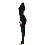 Women High Neck Rhinestone Cutout Long Sleeve Slim Jumpsuit