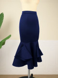 Solid High Waist Ruffles Career Slim Fit Mermaid Skirt