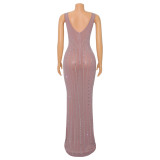 Sexy Mesh See-Through Rhinestone Sleeveless Maxi Dress