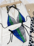 Women Sexy Shiny Color Block Triangle Bikini Set