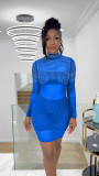 Women See-Through Mesh Beaded Long Sleeve Mock Neck Bodycon Dress