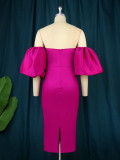 Hot Pink Sexy Off Shoulder Puff Sleeve Slit Back Midi Party Dress