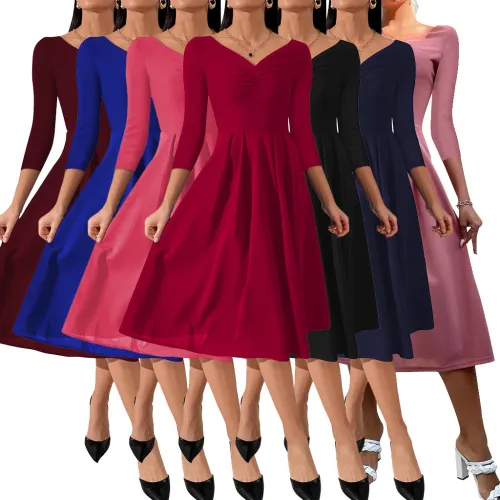 Sexy Office Lady Fashion Solid 3/4 Sleeve V-Neck A-Line Dress