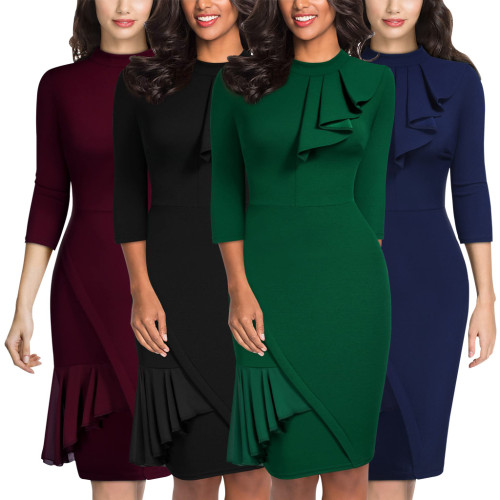 Sexy 3/4 Sleeve Solid Ruffles Office Ladies Midi Dress