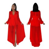 Women Solid Rompers with See-Through Long Sleeve Mesh Dress Overlay