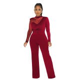 Women Polka Dot Mesh Panel Long Sleeve Jumpsuit