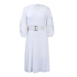 Women's Lace Patchwork Pleated Hollow Out Dress with Belt
