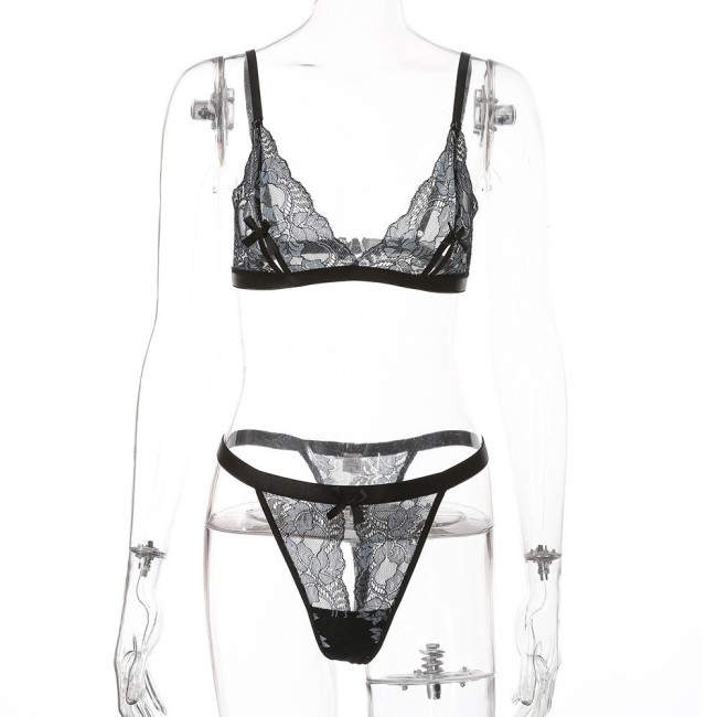 Bow Trim Contrast See Through Erotic Lingerie Set for Women