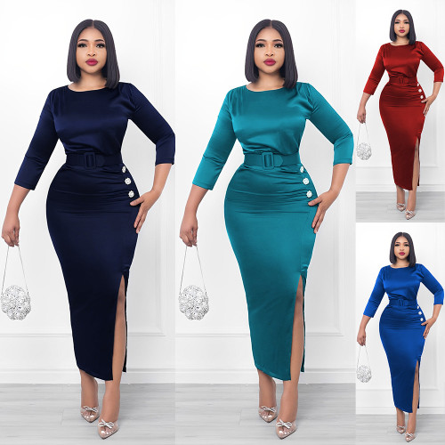 Women Ruched Slit Bodycon Midi Dress With Belt