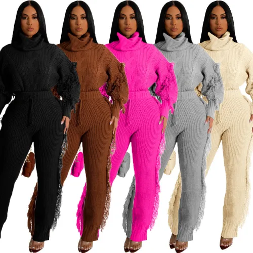 Women's Solid Knitting Tassel Sweater Two Piece Pants Set