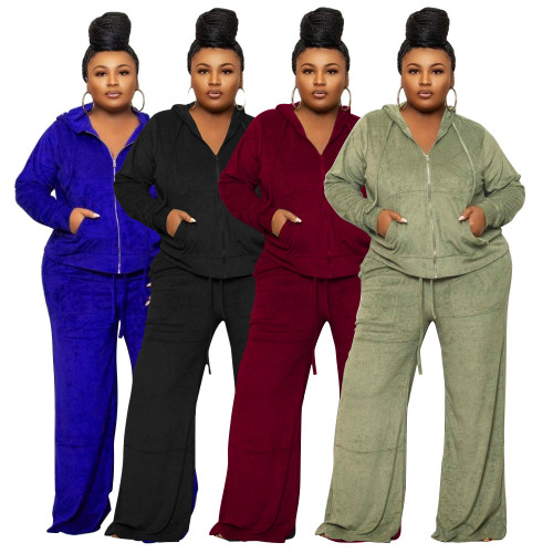 Women's Solid Velvet Wide Leg Two-Piece Zipper Hooded Tracksuit