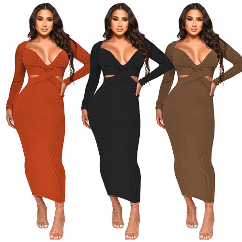 Ribbed Deep V-Neck Sexy Hollow Out Bodycon Long Dress